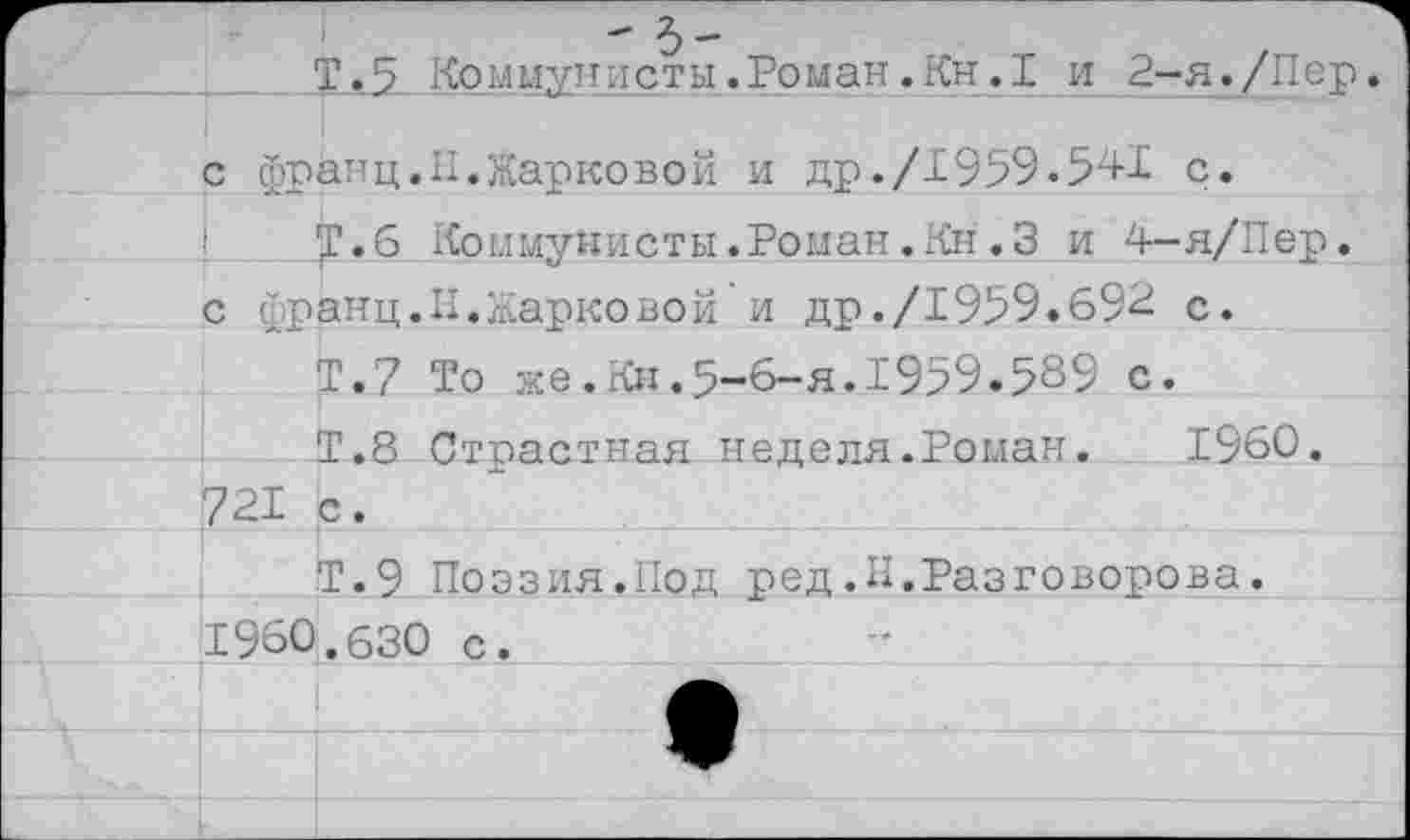 ﻿Т.5 Коммунисты.Роман.Кн.1 и 2-я./Пер.
с франц. II. Жарковой и др./1959.5^1 с.
^Г.6 Коммунисты.Роман.Кн.3 и 4—я/Пер. с франц. II. Жарко вой ’ и др./1959.692 с.
Т.7 То же. Кн.5-6-я.1959.589 с.
Т.8 Страстная неделя.Роман.	1960.
721 с.
Т.9 Поэзия.Под ред.Н.РазГоворова. 1960.630 С.